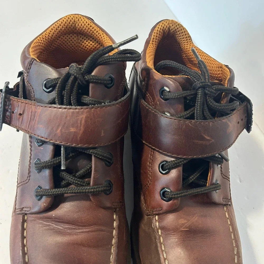 Vtg Eastland Brooklyn Moc Toe Boots Mens 9.5 Brown Buckle Strap Lug Sole Y2K
